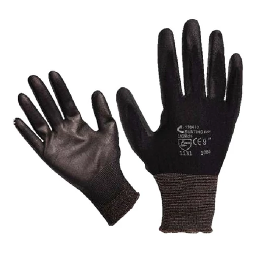 Kötött kesztyű fekete nylon, M-es méret 8`,  poliuretánba mártott teny. és ujjhegy., gumírozott mandzset (865106)