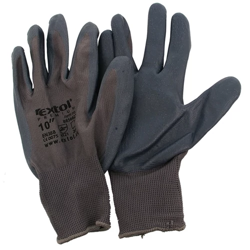 EXTOL PREMIUM Kötött kesztyű szürke nylon, méret: 10` nitrilbe mártott teny. és ujjhegy., gumírozott mandzsetta (8856622)