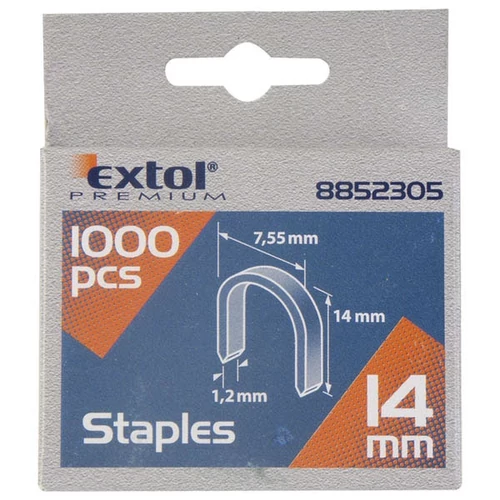 EXTOL PREMIUM U-szeg profi tűzőgéphez 7,55×0,52×1,2mm ; 14mm, 1000db, használható: 4770704, 8851110 és 8851112 tűzőgéphez (8852305)