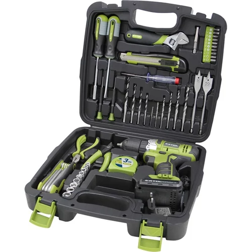 EXTOL  akkus fúró csavarozó, 12V, Li-ion, 1db 1300 mAh akku + 46 db szerszám klt. (422800)