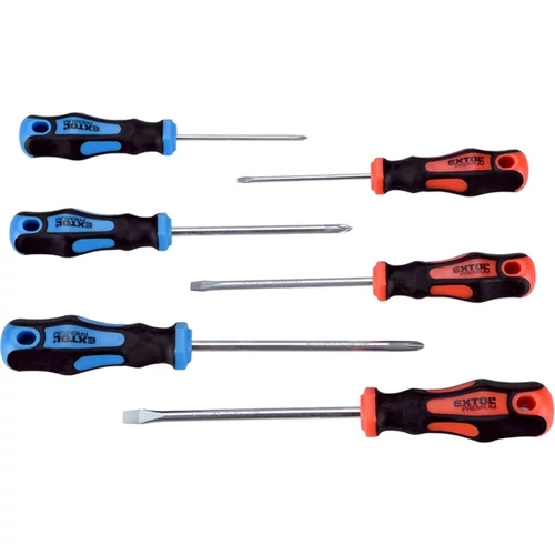 EXTOL PREMIUM csavarhúzó klt., 6db; lapos:3×75, 5,5×100 és 6,5×125mm, PH0×60, PH1×100 és PH2×125, CV., mágneses, papír tartóban (8819256)