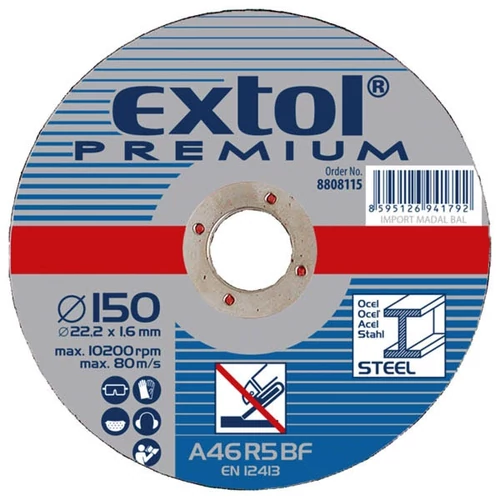 EXTOL PREMIUM csiszoló korong acélhoz, kék; 230×6,0×22,2mm, max 6600 ford/perc (8808709)