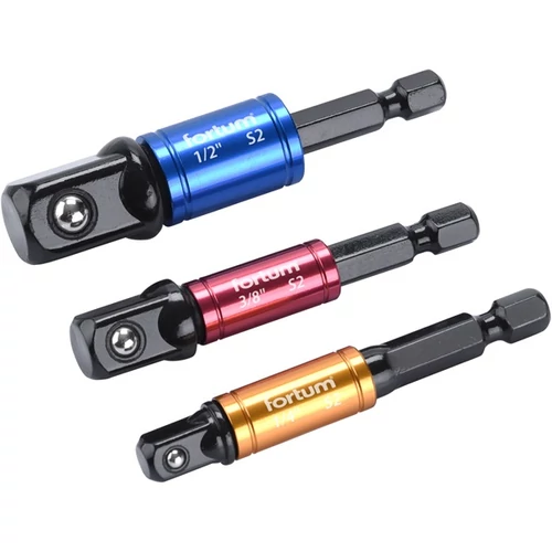 FORTUM dugókulcs adapter készlet 3db-os; 1/4" - 3/8" - 1/2" dugófejekhez, fúrógépbe befogás: 1/4" hatszög, S2 acél (4742203)