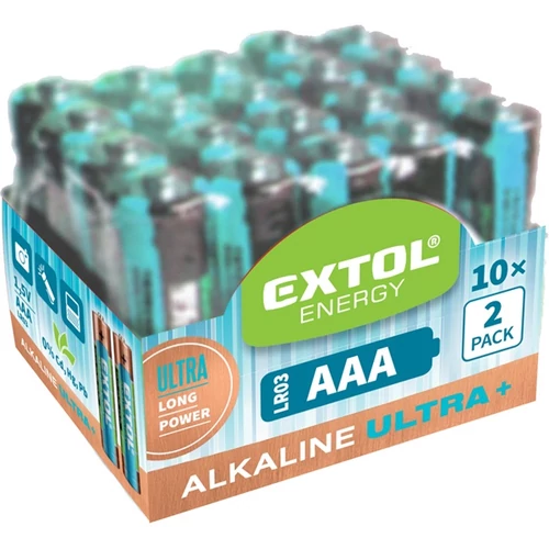 EXTOL LIGHT elem klt. 20 db, alkáli, 1,5V, méret: AAA (LR03); hosszú étettartam, 10×2db-os kínálóban (42012)