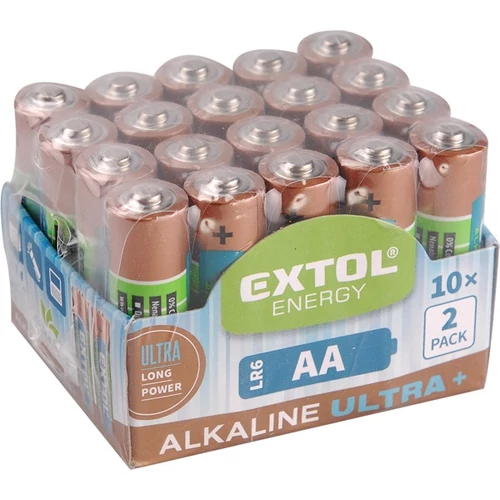 EXTOL LIGHT elem klt. 20 db, alkáli, 1,5V, méret: AA (LR6); hosszú étettartam, 10×2db-os kinálóban (42013)