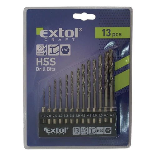 EXTOL fémfúró klt., 13db, HSS; 1,5-6,5mm, 1/4" BIT befogás, polírozott, műanyag tartóban, bliszteren (11140)