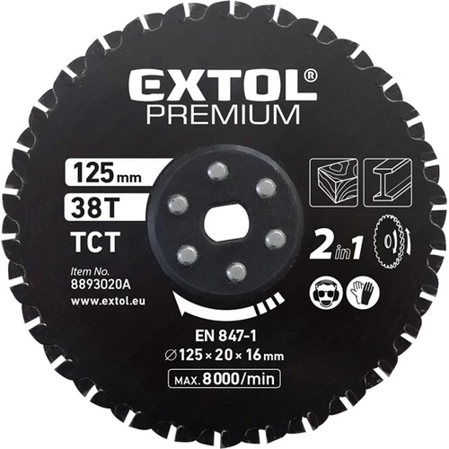 EXTOL PREMIUM fűrészlap, keményfémlapkás 125×20×16mm, 38T, 2az1ben Twin Blade rendszer, fémre és fára, 8893020 vágógéphez (8893020A)