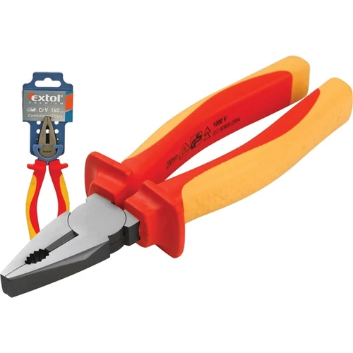 EXTOL PREMIUM kombinált fogó, 160mm, szigetelt,1000V VDE, DIN ISO 5746, CV, duál piros/sárga nyél, akasztós szerszámtartó (8813170)