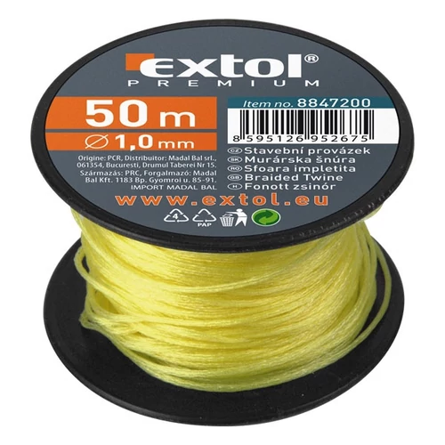 EXTOL PREMIUM kőműves zsinór, sodort; PE, 1,7mm×50m, sárga, orsón (8847212)