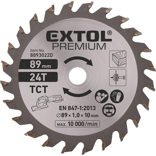 körfűrészlap, keményfém lapkás, 89mm x 10mm tengely 2mm széles 24T a 8893022 mini körfűrészhez, fára és farostlemezre (8893022D)