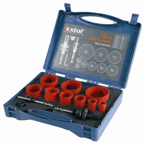 EXTOL PREMIUM körkivágó klt.,HSS Bi-metál,13db-os,(19-22-29-35-38-44-51-57-64mm) (8801604)