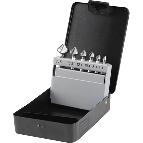 EXTOL kúpos süllyesztő klt, 6db, 90 fokos, 3 élű; 6,3-8,3-10,4-12,4-16,5-20,5mm, 1/4" hatszög befogás, szerszámacél, fém doboz (20094)