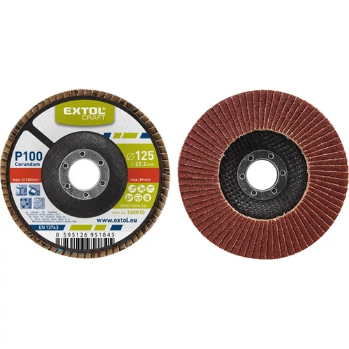EXTOL lamellás csiszoló acél, Alu, műa. és fa munkadarabok csiszolására, 125×22mm; P100, kúpos,max.:12.300 ford./perc, EN13743 (260030)