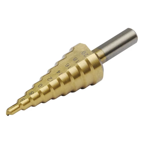 EXTOL lépcsős fémfúró, 9 lépcsős; (4-20mm, 2mm lépcsők), befogás: 10mm, max. 4mm vastag anyagokhoz, TiN bevonat (20053)