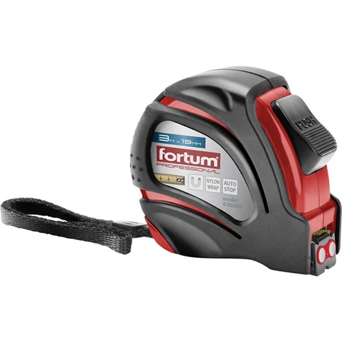 FORTUM  mérőszalag, 1 stoppos, ABS műanyag ház, gumírozott; 3m×19mm nylon bevonatú szalag, mágneses vég FORTUM (4780203)