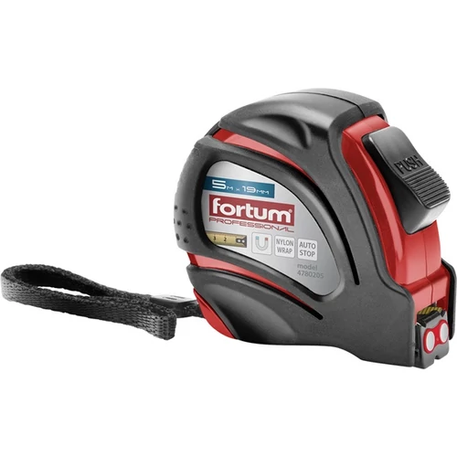 FORTUM  mérőszalag, 1 stoppos, ABS műanyag ház, gumírozott; 5m×19mm nylon bevonatú szalag, mágneses vég FORTUM (4780205)