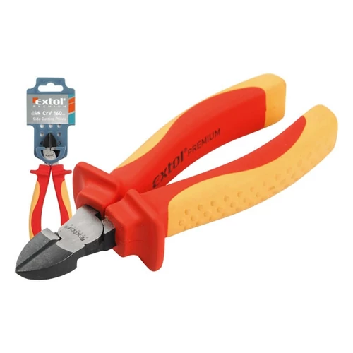 EXTOL PREMIUM oldalcsípő fogó, 160mm, szigetelt, 1000V, VDE, DIN ISO 5749, CV, duál piros/sárga nyél, akasztós szerszámtartó (8813173)