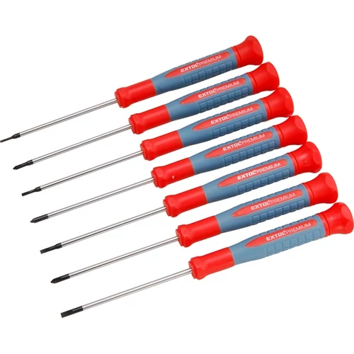 EXTOL PREMIUM órás csavarhúzó klt. 7 db Cr.V. mágneses, 75 mm hosszúság, lapos: 1,5-3 mm, csillag: PH00-PH1, HRC 51-54, bliszteren (8819180)
