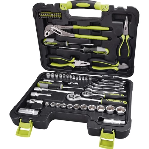 EXTOL CRAFT szerszámkészlet, 65db, 1/4"+3/8" CV.; dugókulcsok, racsnis kar, fogók, csavarhúzók, villás kulcsok, BIT-ek (6598)