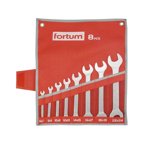 FORTUM villás kulcs klt. 8db 6-24mm, 61CrV5, mattkróm; 6×7, 8×9, 10×11, 12×13, 14×15, 16×17, 18×19, 22×24mm, vászon tok FORTUM (4730104)