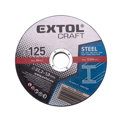 EXTOL vágókorong fémhez; 125×1,0×22,2mm, max. 12.200 ford/perc, (darabáras, de csak ötösével rendelhető) (106902)