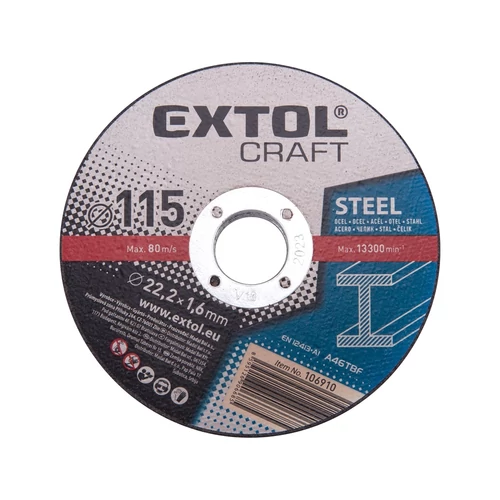 EXTOL vágókorong fémhez; 115×1,6×22,2mm, max. 13.300 ford/perc, (darabáras, de csak ötösével rendelhető) (106910)