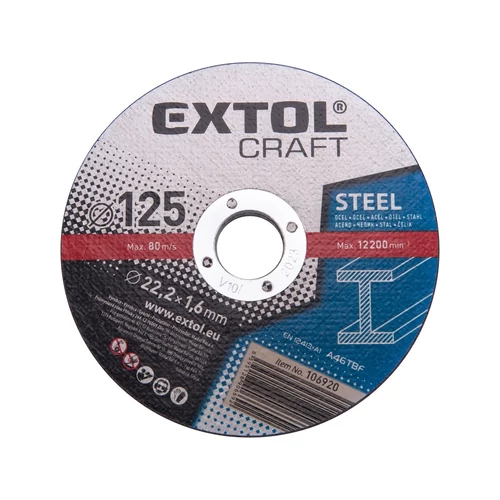 EXTOL vágókorong fémhez; 125×1,6×22,2mm,max. 12.200 ford/perc, (darabáras, de csak ötösével rendelhető) (106920)