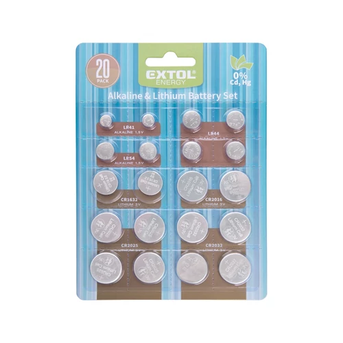 Extol gombelem klt. 20 db, Lítium 3V és alkáli 1,5V; hosszú élettartam, bliszteren (42057)