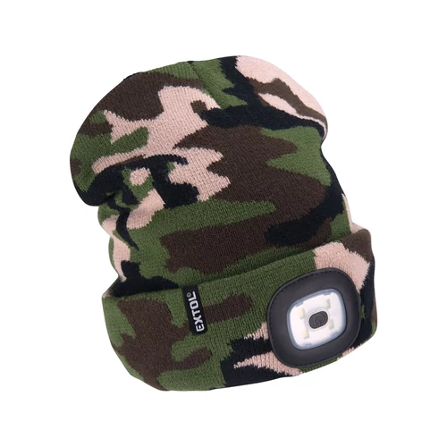 Extol Light sapka, terepszínű, kötött, kivehető LED homloklámpával, 4×45 Lumen; USB tölthető Li-ion, 3funkció (100%-75%-50%) (43464)