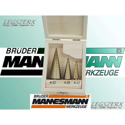 Brüder Mannesmann német 3 részes titán bevonatú lépcsős fúró készlet 4-32mm fadobozban 5 év garancia (54603)