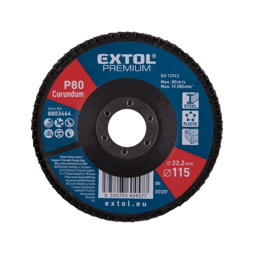 Extol Premium lamellás csiszoló acél, Alu, műa. és fa munkadarabok csiszolására, 115×22mm; P60, kúpos, max.:13.200 ford./perc (8803463)