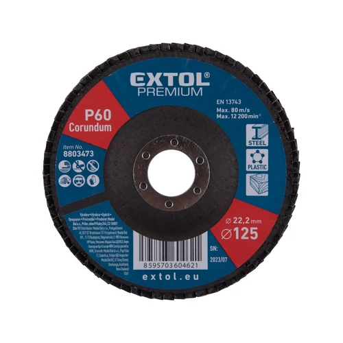 Extol Premium lamellás csiszoló acél, Alu, műa. és fa, 125×22mm P60, kúpos, max.:12.300 ford./perc, EN13743 (8803473)