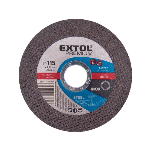 EXTOL PREMIUM vágókorong acélhoz/inoxhoz, kék; 115×1,0×22,2mm, max 13300 ford/perc, (darabáras, de csak ötösével rendelhető) (8808100)
