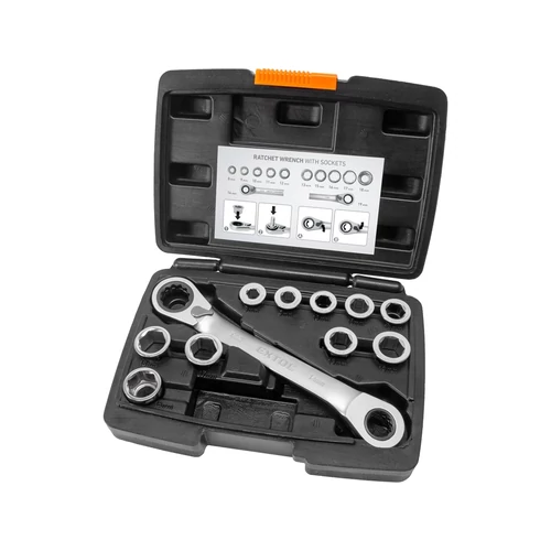 Extol Premium racsnis csillag kulcs klt. 11db; cserélhető betétekkel: 8-19mm CrV. 72 foggal, 2 irányú forgás (8816101)