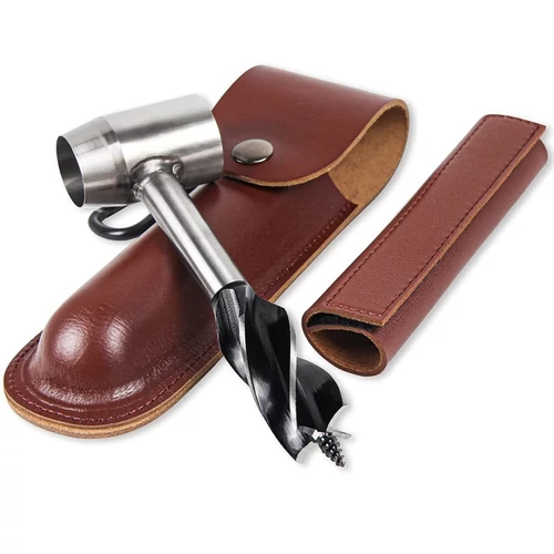 Kézi fafúrószár ASMR kempingezéshez főzéshez dupla műbőr tokban karabínerrel, övre fűzhető 37x200mm