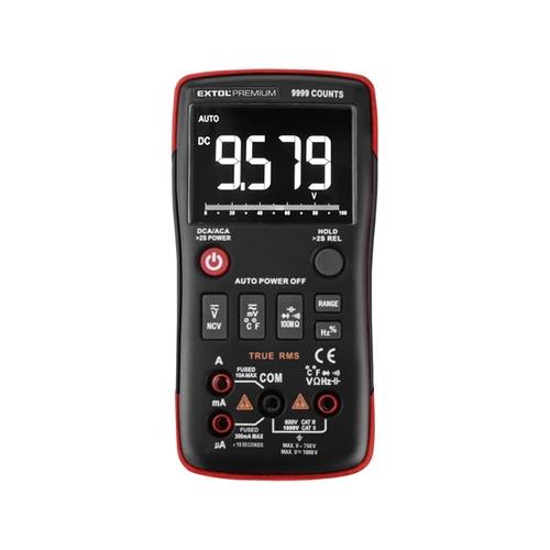 EXTOL PREMIUM digitális multiméter; Amper/Volt/Ohm mérő, True RMS, hangjelző funkcióval, CE, 2 db 1,5V AA elem (8831251)