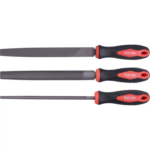 EXTOL PREMIUM fémreszelő klt.,  3 db (lapos, félkerek, kerek), 200mm, T12 acél,  vágat 2, finom,  TPR gumis műanyag nyél (8803610)