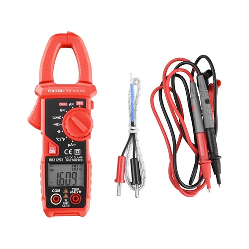EXTOL PREMIUM lakatfogó, digitális multiméter; Amper/Volt/Ohm mérő, hangjelző funkcióval, CE, 2 db 1,5V AAA elem (8831253)
