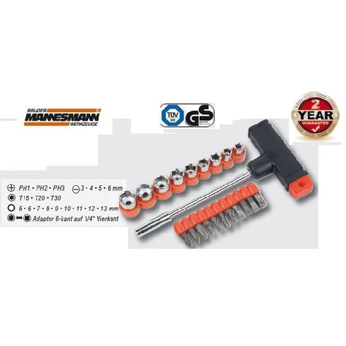 22db-os MANNESMANN T DUGÓKULCS BIT CSAVARHÚZÓ KÉSZLET 1/4" 2év GARANCIA