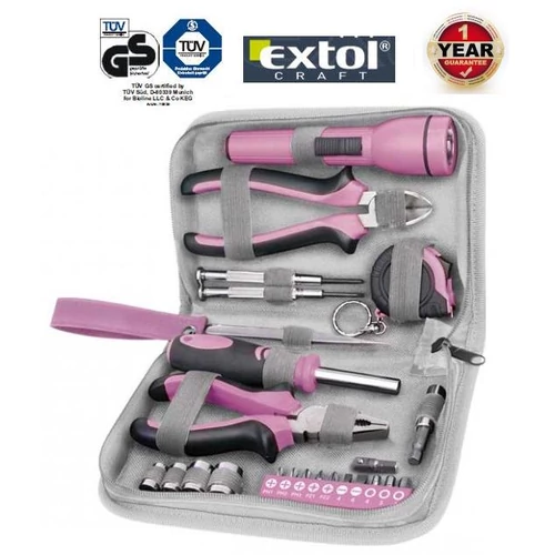 6595 EXTOL háztartási SZERSZÁMKÉSZLET HÖLGYEKNEK 23db-os RÓZSASZÍN 1év GARANCIA