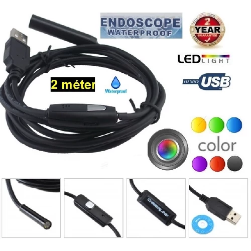 USB 2m SZÍNES ENDOSZKÓP KAMERA CMOS OBJEKTÍV IP67 VÍZÁLLÓ 4x LED 2év GARANCIA