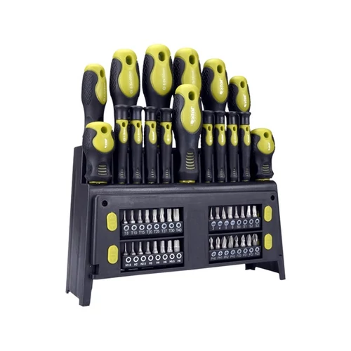 csavarhúzó klt. 49 db, CrV, mágneses, 4db lapos + 4 db PH + 8 db órás csavarhúzó + BIT-ek, műa. tartóállvány, bliszteren - (53146)