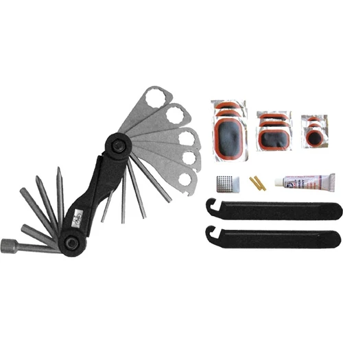 kerékpárjavító klt. 30db övrefűzhető, kulcskészlet,ragasztó+foltok, gumiszerelő - (6569)