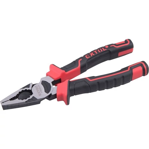 EXTOL PREMIUM kombinált fogó, 180mm, duál vörös/fekete TPR nyél, 20% extra erőkifejtés, akasztós szerszámtartó (8813192)