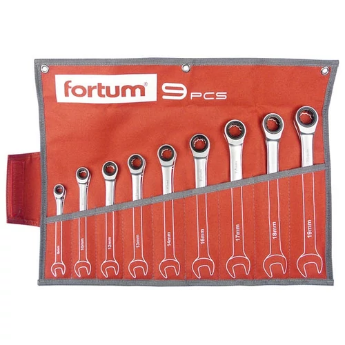 Fortum racsnis csillag-villás kulcs klt. 9db, 61CrV5/S2, mattkróm; 8-10-12-13-14-16-17-18-19mm, 72 fog, műanyag tartó + vászon - (4720104)