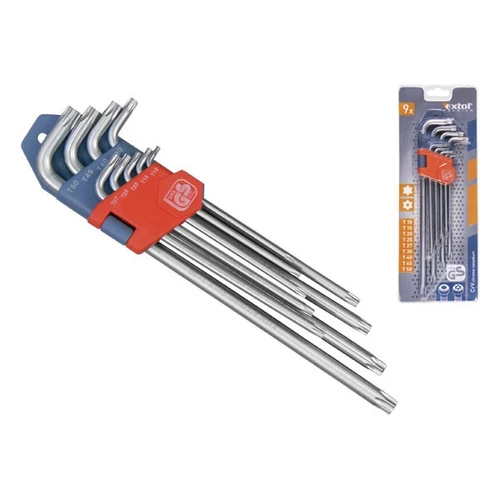 torx kulcs klt. 9db, extra hosszú; T10-T50, hosszú szár: tömör, rövid szár: lyukas, CV., 90-225mm - (8819412)