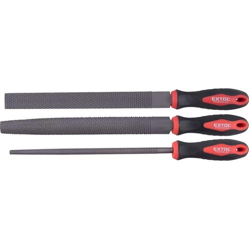 EXTOL PREMIUM ráspoly klt. 3 db (lapos, félkerek, kerek) 250mm,C45 acél, vágat 2, finom, TPR gumis műanyag nyél (8803757)